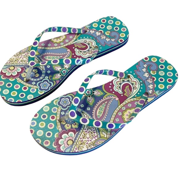 Vera Bradley Blue Island Medallion Floral Dot Colorful Paisley Flip Flops Sz LRG - Picture 1 of 9